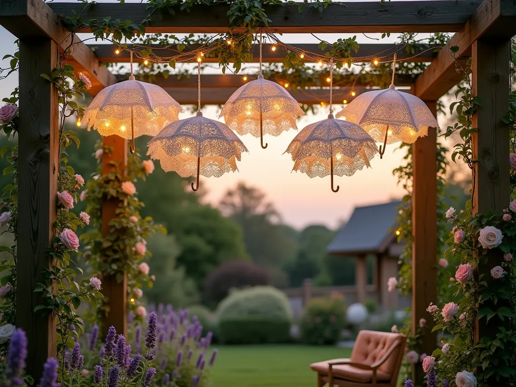 Ethereal Victorian Lace Umbrella Garden Canopy - A dreamy twilight garden scene captured with a wide-angle lens, showing multiple vintage white lace parasols suspended upside-down from a weathered wooden pergola. The parasols create a floating canopy above a manicured English garden setting. Warm, twinkling fairy lights are delicately intertwined among the parasols, casting intricate shadow patterns on the garden below. The composition includes blooming climbing roses on the pergola posts, with soft-focused lavender borders in the foreground. Shot during the golden hour with natural backlight filtering through the lace, creating an ethereal, romantic atmosphere. The scene is photographed at f/8 with a professional DSLR camera, capturing both the detailed lacework and the depth of the garden setting, with vintage garden furniture visible beneath the magical canopy.