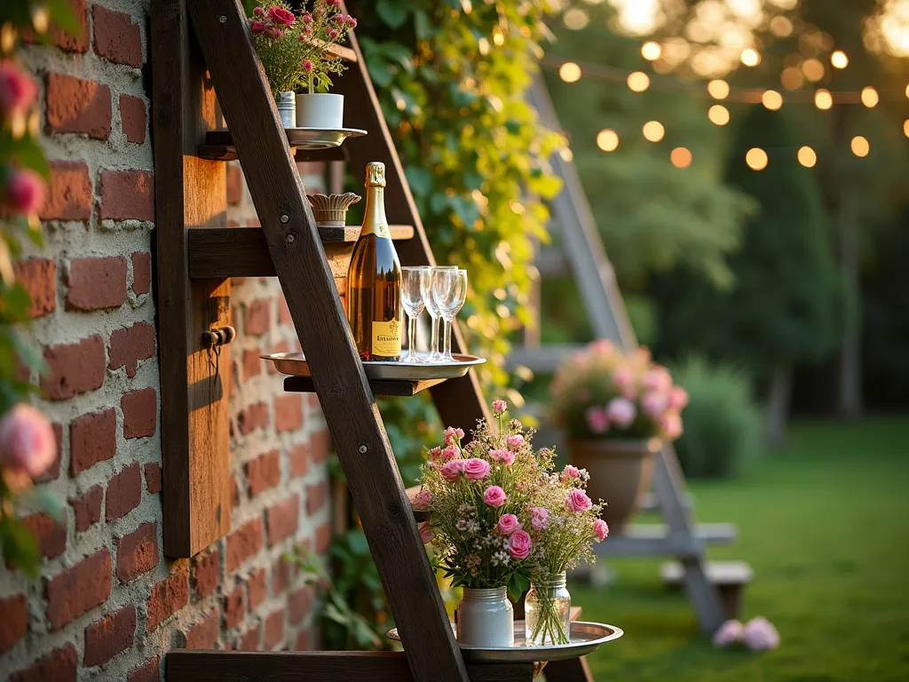 Rustic Ladder Beverage Display in Garden - A romantic golden hour garden scene featuring a weathered wooden ladder transformed into an elegant drink station. The ladder leans against a vintage brick wall covered in climbing roses and ivy. Each rung holds antique silver trays with crystal glasses and champagne bottles. Mason jars filled with wildflowers accent the lower rungs. Soft fairy lights are strung above, creating a magical atmosphere. The scene is captured at a 24mm focal length with shallow depth of field, emphasizing the rustic charm and vintage details. Natural sunlight filters through nearby trees, casting dappled shadows across the setup.