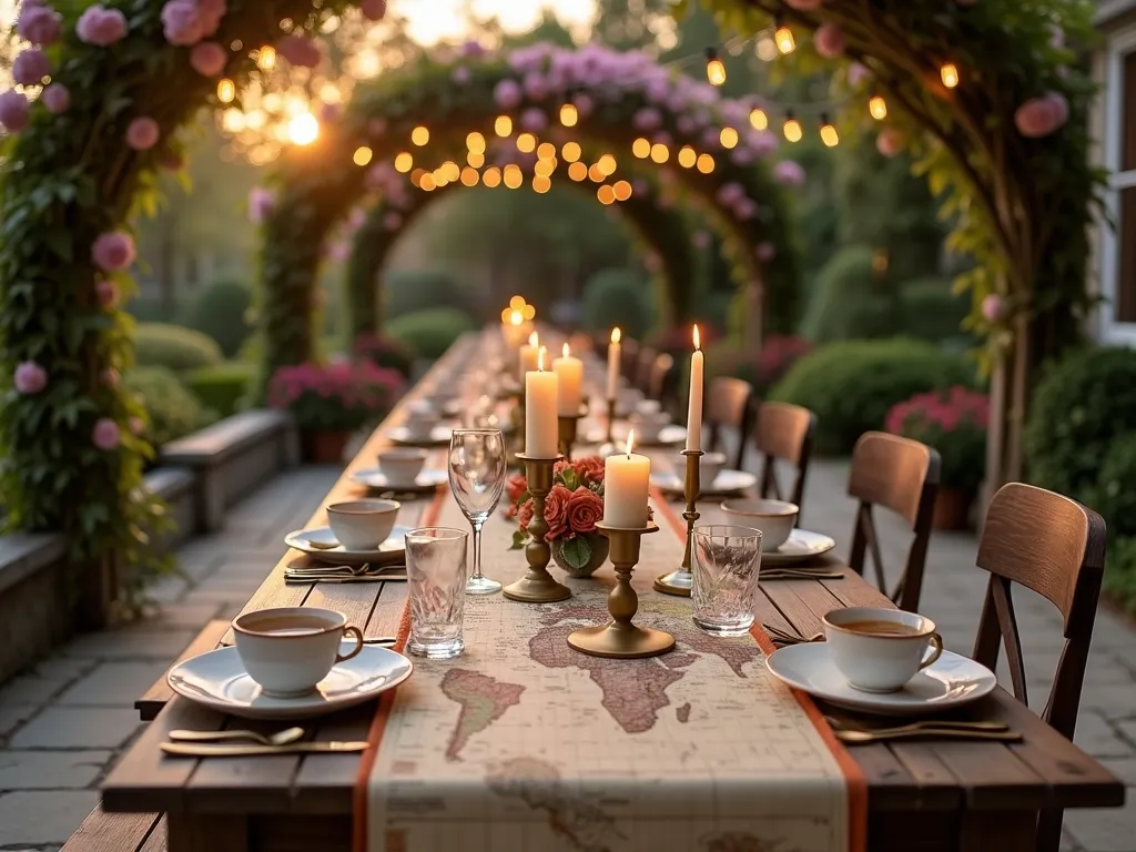 Vintage Map Garden Table Setting - A dreamy twilight garden scene featuring an elegant long wooden table on a stone patio, draped with antique world map table runners protected by clear acrylic. Vintage brass candlesticks with cream tapers cast a warm glow across sepia-toned postcards and brass compasses scattered artfully along the runner. Climbing roses and wisteria frame the scene from above, creating natural archways. Crystal glasses catch the last rays of golden hour sun, while delicate English tea cups rest on weathered map coasters. String lights weave through the overhead pergola, creating a magical atmosphere that blends wanderlust with vintage garden party elegance. Shot from a 45-degree angle to capture both table details and garden context, photorealistic style.