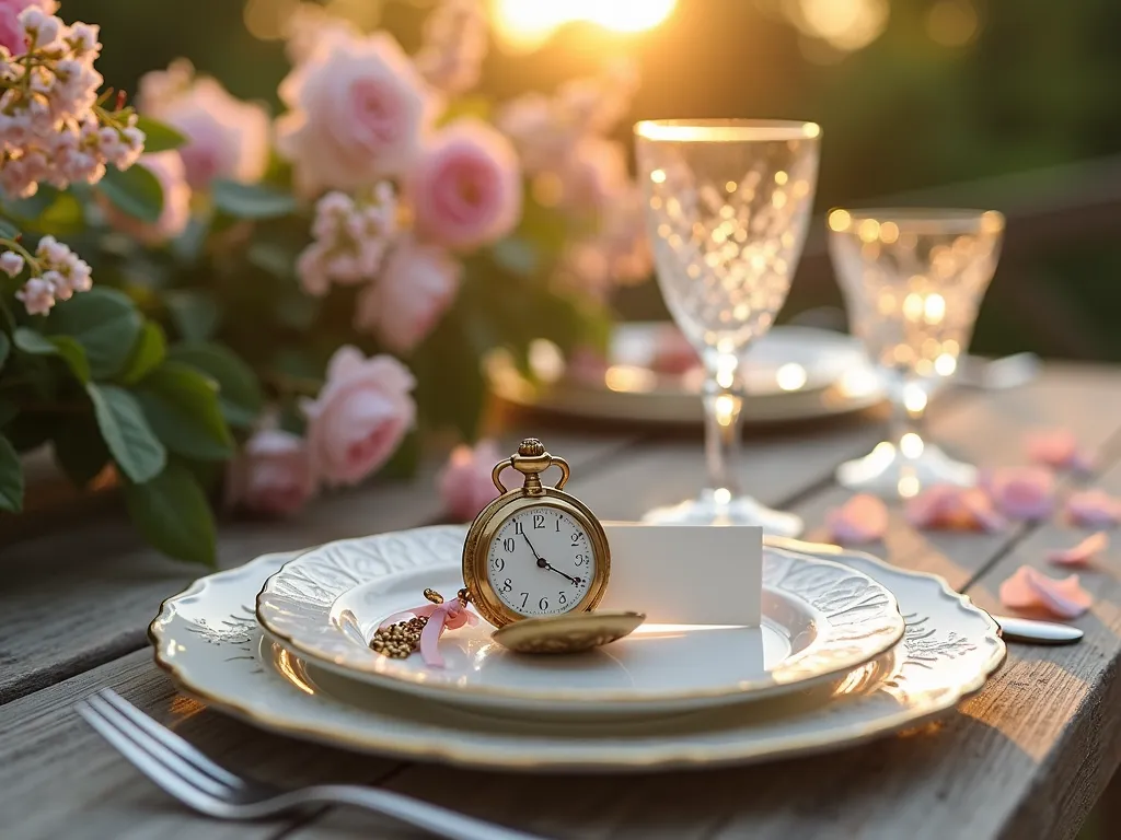 Vintage Pocket Watch Place Setting - Close-up shot of an elegant garden party place setting on a weathered wooden table, captured during golden hour. A polished brass vintage pocket watch rests against fine bone china, with an ivory name card tied to its chain using delicate blush pink silk ribbon. Soft bokeh effect shows trailing wisteria and climbing roses in the background. Crystal glassware catches the warm evening light, while vintage lace tablecloth adds texture. Scattered rose petals and antique silverware complete the romantic composition. Professional DSLR photo with natural lighting, f/8 aperture for detailed depth, creating a dreamy vintage atmosphere.