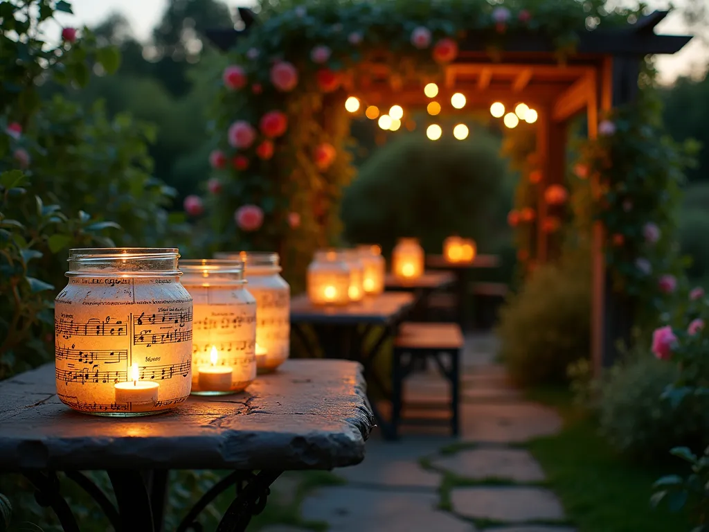 Enchanting Vintage Sheet Music Luminaries in Garden - A twilight garden scene captured with a DSLR camera, showing a romantic vintage garden party setting. In the foreground, beautifully crafted luminaries made from aged sheet music wrap delicately around glass jars, their warm light glowing through the musical notes. The luminaries line a curved garden pathway and cluster on an antique wrought-iron table, creating pools of gentle light. Battery-operated candles flicker inside, casting dancing shadows on surrounding lush greenery. A weathered wooden pergola draped with climbing roses frames the background, while string lights twinkle overhead. The composition captures the ethereal atmosphere with soft bokeh effects and golden hour lighting, highlighting the delicate paper details and creating a dreamy, nostalgic ambiance. Shot at f/8 for optimal depth of field, perfectly capturing both the intricate details of the sheet music and the enchanting garden setting.