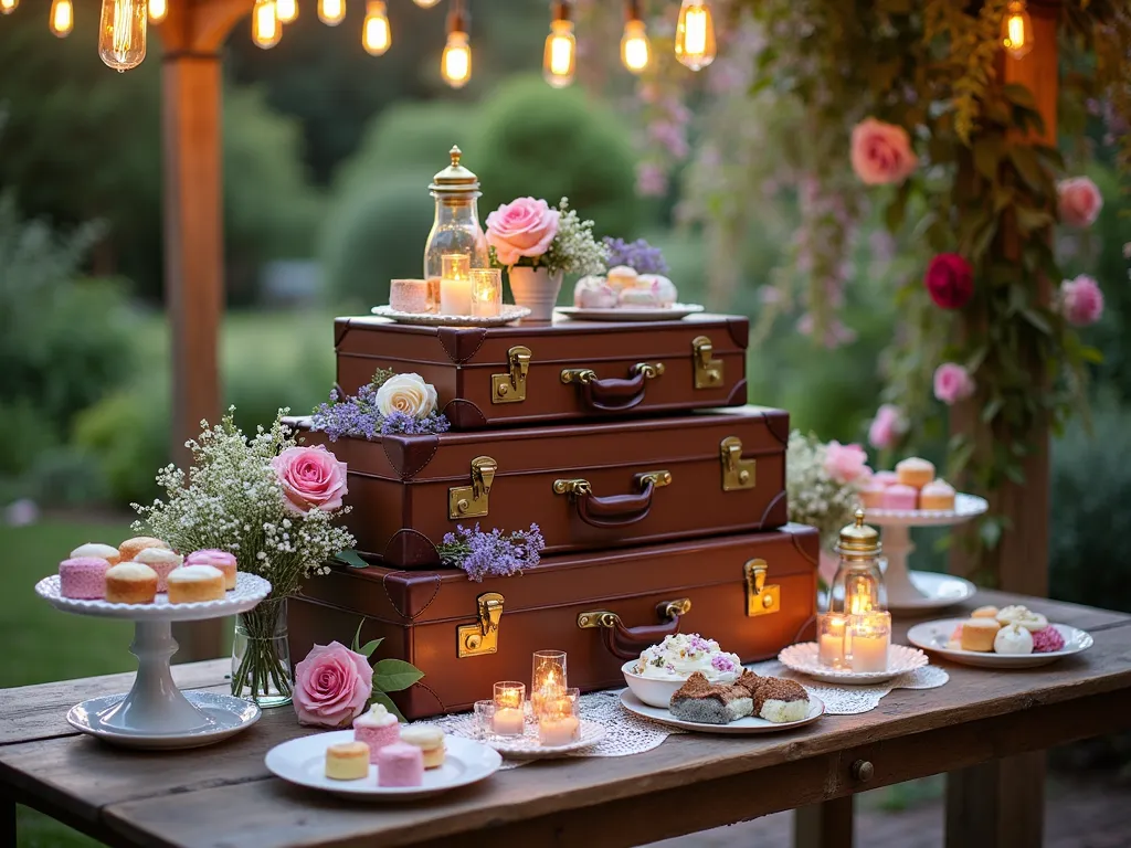 Vintage Suitcase Garden Dessert Display - A dreamy dusk garden scene featuring an elegant dessert station made from stacked vintage brown leather suitcases on a weathered wooden table, set against a blooming English garden backdrop. The suitcases are artfully arranged in tiers, adorned with delicate white lace doilies and vintage china plates holding petit fours and pastel-colored French pastries. Fresh garden roses, lavender sprigs, and baby's breath are naturally scattered between the suitcase levels. Soft warm lighting from hanging Edison bulbs creates a magical glow, while antique brass hardware on the suitcases gleams in the evening light. The table is positioned on a rustic brick patio, surrounded by climbing roses and wisteria on a nearby pergola. Shot with shallow depth of field focusing on the dessert display, with the garden creating a ethereal, bokeh background. Photographed during golden hour for maximum romantic ambiance.