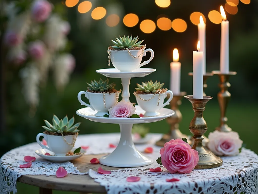 Vintage Teacup Succulent Garden Display - Close-up shot of an elegant garden party setting at dusk, featuring a white antique tiered cake stand filled with delicate vintage teacups hosting miniature succulent gardens. Each porcelain teacup contains a carefully arranged combination of jade plants, echeveria rosettes, and string of pearls cascading over the cup edges. The stand is positioned on a weathered wooden garden table with a vintage lace tablecloth, illuminated by soft string lights overhead. Surrounding the display are scattered rose petals and antique brass candlesticks with flickering tapers, creating a magical, ethereal atmosphere. The background shows a blurred garden setting with climbing roses and wisteria.