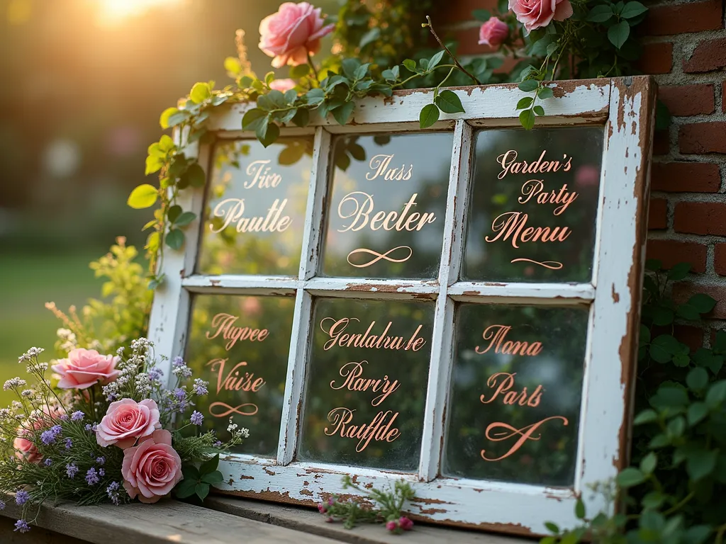 Vintage Window Frame Garden Party Menu Display - A close-up shot of a weathered white wooden window frame with six panes, artfully positioned in a lush garden setting during golden hour. Each glass pane features elegant copper-colored calligraphy displaying a garden party menu. English ivy gracefully climbs the frame's edges, while delicate clusters of vintage pink roses, lavender sprigs, and baby's breath are thoughtfully arranged at the corners. The window leans against an aged brick wall covered in climbing roses, with a backdrop of soft-focus garden greenery. Shot with shallow depth of field highlighting the intricate details of the calligraphy and flowers, with sunlight gently filtering through the glass panes creating a dreamy, nostalgic atmosphere.