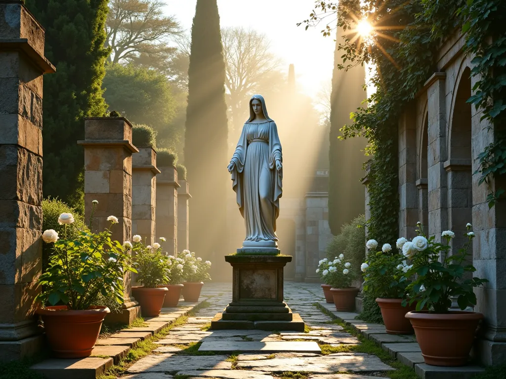 Ancient Ruins Mary Garden at Dawn - A dawn-lit garden sanctuary featuring a classical Virgin Mary statue in pristine white marble, centered among weathered stone Roman columns and crumbling architectural fragments. The statue stands on a moss-covered pedestal, surrounded by morning mist. Ancient-looking stone walls frame the scene, partially covered in climbing English ivy and wisteria. Weathered stone pathways lead to the statue, lined with aged terracotta pots containing white roses. Soft golden morning light filters through mature cypress trees in the background, creating dramatic shadows across the ruins. Shot in wide angle at dawn with natural lighting highlighting the ethereal atmosphere, capture at f/8 for sharp detail throughout, showcasing the textural contrast between smooth marble and weathered stone. DSLR photography, cinematic composition, photorealistic detail.