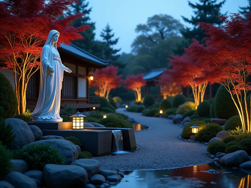 Zen Mary Garden at Twilight - A serene twilight photograph of a Japanese-inspired garden featuring a white marble Virgin Mary statue as the focal point, surrounded by crimson Japanese maple trees and tall elegant bamboo stalks. The statue stands on a natural stone pedestal beside a small cascading water feature with smooth river rocks. Winding gravel paths lined with moss create meaningful negative space, while traditional stone lanterns cast a warm glow across the scene. Shot with a wide-angle lens at f/2.8 to capture the depth of the garden while maintaining a dreamy bokeh effect in the background. The cool blue twilight sky contrasts with the warm lantern light, creating a mystical atmosphere that bridges Eastern and Western spiritual elements.