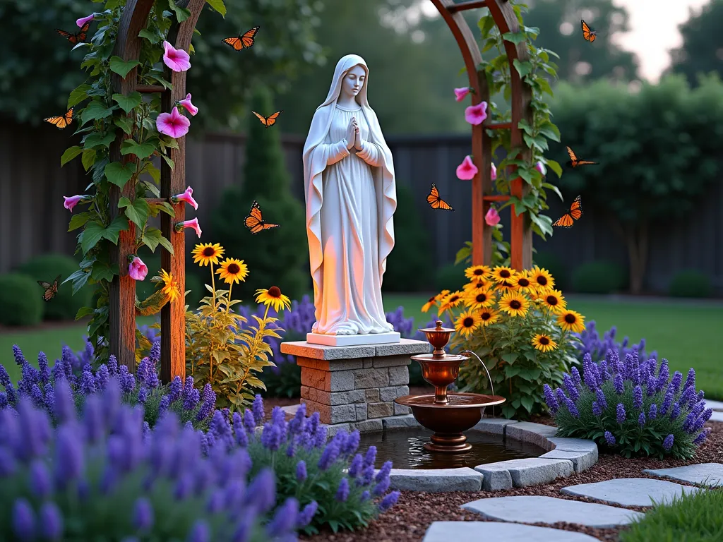 Serene Butterfly Garden Shrine with Virgin Mary - A twilight scene of an intimate garden shrine featuring a white marble Virgin Mary statue as the centerpiece, surrounded by a profusion of butterfly-attracting flowers in soft purples and pinks. The statue stands 4 feet tall on a carved stone pedestal, with Mexican sunflowers, purple coneflowers, and lavender creating colorful layers around the base. A small, tiered copper fountain gently flows nearby, its water catching the warm golden light of dusk. Monarch butterflies and hummingbirds hover around the flowering plants, while climbing morning glories frame the scene on decorative trellises. Soft landscape lighting illuminates the statue from below, creating a peaceful, ethereal atmosphere. The garden is photographed from a medium-wide angle, showing the complete shrine setting within a residential backyard context, with a natural stone pathway leading to the sacred space.