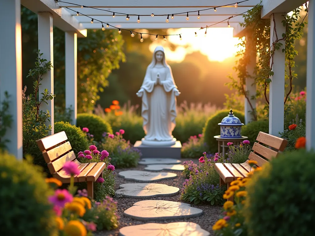 Children's Sacred Garden with Mary Statue - A serene and inviting children's prayer garden at golden hour, photographed with a wide-angle lens. A 3-foot white marble Virgin Mary statue stands as the centerpiece, surrounded by a circular garden of colorful flowers including pink cosmos, purple lavender, and yellow marigolds. Whimsical butterfly-shaped stepping stones lead to the statue through the garden. Two child-sized wooden benches with curved backs flank the pathway. A decorative blue and white ceramic prayer box sits near the statue. String lights are delicately woven through a white pergola overhead, casting a warm glow. The garden is bordered by dwarf boxwood hedges, creating an intimate space. Soft evening light filters through the pergola, creating gentle shadows across the peaceful scene. Shot at f/8 to capture rich details in both foreground flowers and statue features.