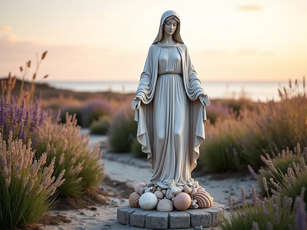 Coastal Mary Garden at Sunset - A serene coastal garden at golden hour featuring a weathered white marble Virgin Mary statue as the centerpiece, surrounded by swaying coastal grasses and lavender. The statue stands on a natural stone pedestal adorned with weathered driftwood and seashells. Hardy seaside plants like Russian Sage, Sea Lavender, and Beach Rose frame the scene, their silvery foliage catching the warm evening light. A winding path of smooth beach pebbles leads to the statue, while ornamental grasses create gentle movement in the sea breeze. Maritime elements like bleached driftwood pieces and large conch shells are artfully arranged at the base. The backdrop shows glimpses of the ocean, with soft focus on natural coastal vegetation. Shot from a low angle to capture the statue's peaceful expression against the pastel sunset sky, with selective focus on the intricate details of the weathered statue and the delicate coastal flowers.