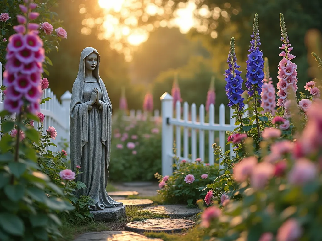 Enchanted Cottage Garden with Virgin Mary - A serene late afternoon scene of a weathered stone Virgin Mary statue nestled in an enchanting cottage garden, shot at f/2.8 with golden hour lighting. The statue stands gracefully among towering purple and pink foxgloves, deep blue delphiniums, and majestic hollyhocks in soft pastel hues. A charming white picket fence adorned with climbing pink roses frames the scene, while soft bokeh effects highlight the dappled sunlight filtering through the flowers. The composition is captured from a medium-low angle, emphasizing the statue's peaceful presence among the cottagestyle blooms. The natural, informal garden arrangement creates a sacred yet whimsical atmosphere, with cottage garden perennials spilling onto a rustic stepping stone path. Shot with a 16-35mm lens to capture both the intimate garden details and the overall romantic cottage garden setting.