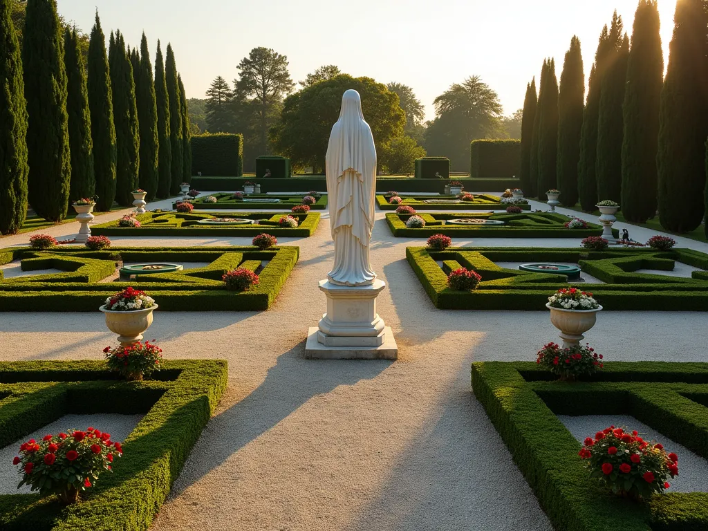 Elegant French Parterre Garden with Virgin Mary Statue - A sweeping wide-angle view of a formal French parterre garden at golden hour, featuring a majestic white marble Virgin Mary statue as the centerpiece. Meticulously trimmed boxwood hedges create intricate geometric patterns radiating outward, forming a symmetrical design with four identical quadrants. Classical limestone urns overflow with red and white roses along the crushed limestone pathways. Perfectly shaped conical topiary trees stand sentinel at key intersections. The garden is bordered by tall cypress trees, creating a sense of enclosure. Soft evening light casts long shadows across the pristine gravel paths, while subtle landscape lighting begins to illuminate the statue and architectural elements. The scene captures the grandeur and spiritual serenity of traditional European garden design.