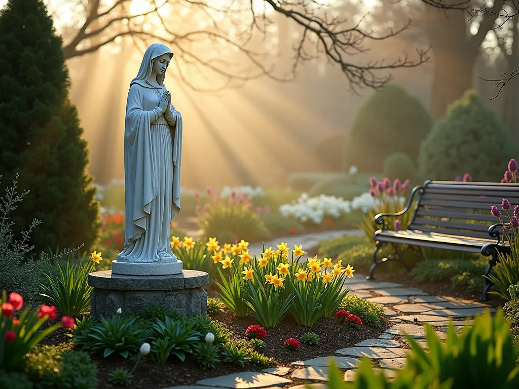 Four-Season Mary Garden at Dawn - A serene garden scene at dawn photographed with a wide-angle lens, showcasing a beautifully weathered white marble Virgin Mary statue as the centerpiece. The statue stands 5 feet tall on a stone pedestal surrounded by a thoughtfully designed four-season garden. In the foreground, early spring daffodils and tulips emerge through a carpet of deep green creeping thyme. Mid-ground features evergreen boxwoods and juniper providing structure, while red winterberries add vibrant color. Purple coneflowers and white roses bloom in the background. Morning mist gently surrounds the scene, with golden sunlight filtering through, creating a ethereal atmosphere. A decorative wrought iron bench sits to one side, and a natural stone pathway curves through the garden. Shot with soft depth of field at f/2.8, capturing the magical morning light.