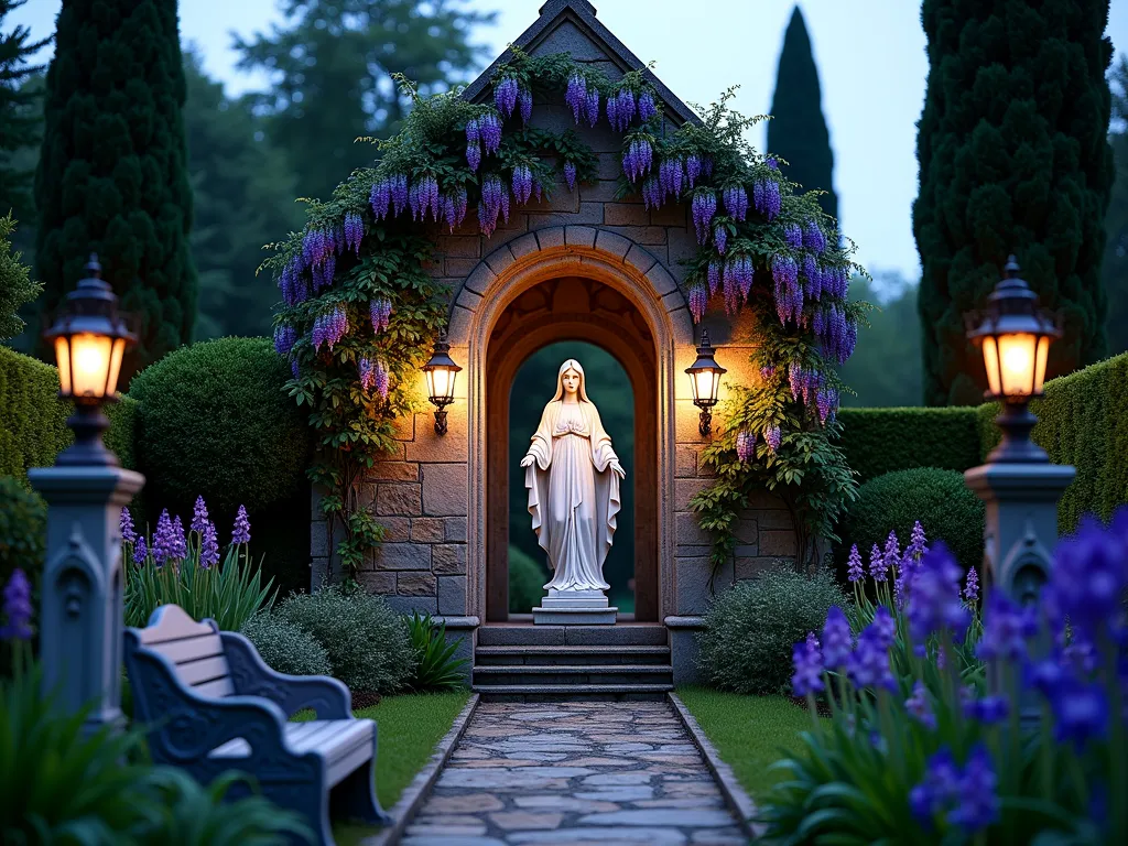 Gothic Revival Mary Garden at Twilight - A professional DSLR wide-angle photograph of a Gothic-inspired garden sanctuary at twilight, featuring a classical white Virgin Mary statue as the centerpiece, positioned beneath a dramatic pointed stone arch covered in climbing dark purple wisteria. The statue is surrounded by medieval-inspired plantings including tall dark foxgloves, black mondo grass, and deep purple irises. Gothic-style wrought iron lanterns cast atmospheric lighting across the scene. Stone pathways lined with ornate gargoyle pedestals lead to the statue. The background showcases towering yew trees and cypress, creating a cathedral-like vertical element. A stone bench with Gothic detailing sits to one side. Shot at f/8, ISO 100, capturing the ethereal twilight ambiance with natural and lantern lighting interplay.