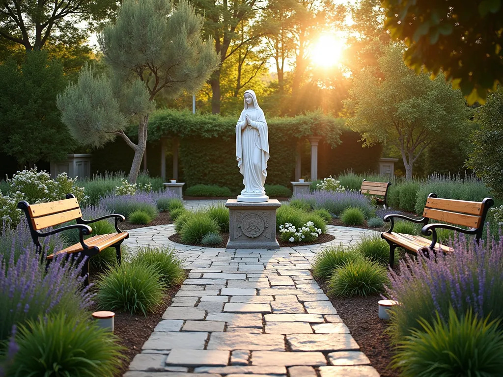 Serene Healing Garden with Virgin Mary - A serene healing garden at golden hour, photographed with a wide-angle lens capturing a white marble Virgin Mary statue as the focal point, surrounded by a therapeutic landscape. The statue stands 5 feet tall on a carved stone pedestal, wrapped in climbing lavender and white roses. Curved, accessible flagstone paths lead to the statue, bordered by soft-textured plants including lamb's ear, Russian sage, and chamomile. Multiple wooden benches with comfortable cushions are thoughtfully placed along the path for meditation. Herb gardens featuring rosemary, thyme, and sage create aromatic zones. Soft lighting from copper path lights illuminates the scene, while a small trickling fountain adds peaceful ambient sound. The background shows mature trees creating dappled shade, with ethereal sun rays filtering through. Shot at f/8 for rich detail and depth, capturing the interplay of light and shadow in this sacred garden space.