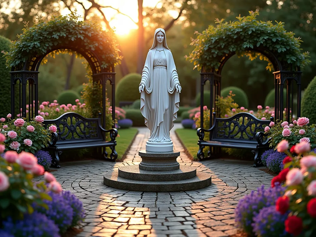 Enchanted Mary Rose Garden Sanctuary - A serene twilight garden scene captured with a wide-angle lens, featuring a pristine white marble Virgin Mary statue as the centerpiece of a circular heritage rose garden. The statue stands 6 feet tall on an ornate pedestal, surrounded by concentric rings of blooming English roses in soft pink, cream, and deep crimson. Weathered cobblestone pathways spiral outward from the center, lined with lavender borders. Two antique wrought iron benches with scrollwork details are positioned symmetrically, their dark silhouettes contrasting against the lush garden. Climbing roses adorn gothic-inspired archways at the garden's entrance. Golden hour lighting casts long shadows across the pathways, while subtle garden lighting illuminates the statue from below. Morning dew glistens on the rose petals, captured in stunning detail at f/2.8. The composition creates a peaceful devotional space that combines formal English garden design with sacred aesthetics.