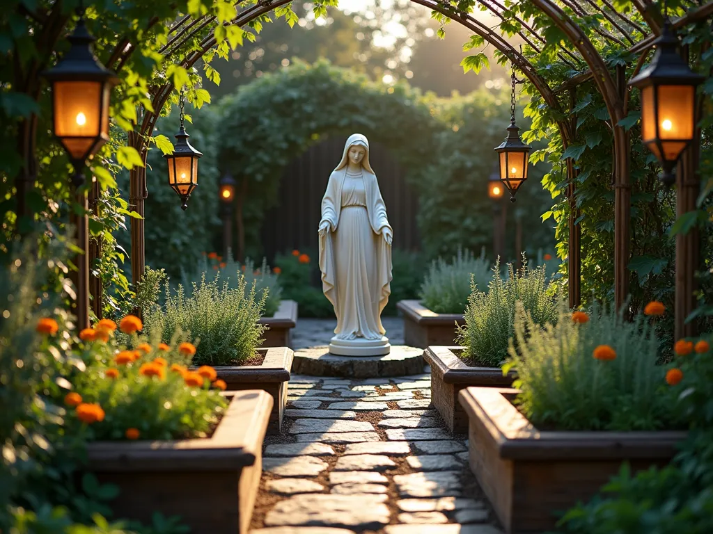 Medieval Herb Garden with Virgin Mary Statue - A serene twilight photograph of a meticulously designed medieval herb garden, featuring a classic white Virgin Mary statue as the centerpiece. Four raised wooden beds radiate outward in a compass pattern, filled with lush biblical herbs. Sage, rosemary, and vibrant orange marigolds create a tapestry of textures and colors. Stone pathways separate the beds, with antique copper lanterns casting a warm glow. Captured with a wide-angle perspective at f/2.8, creating a dreamy bokeh effect on the background garden elements. The statue is illuminated by soft uplighting, creating a gentle halo effect. Morning dew glistens on the herb leaves, while climbing roses on weathered wooden trellises frame the sacred space. Gothic-inspired wrought iron benches complement the medieval atmosphere.