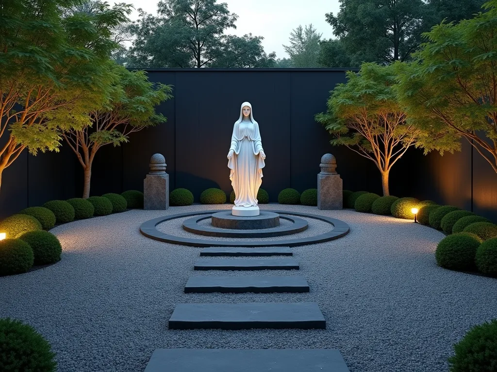 Minimalist Mary Zen Garden at Dusk - A serene garden scene at dusk featuring a contemporary white Virgin Mary statue as the focal point, positioned in a meticulously raked gravel garden with concentric circles. The statue is illuminated by soft, ambient lighting, casting gentle shadows across the peaceful space. Clean lines of dark grey stones create a winding path, while patches of emerald moss add organic softness to the minimalist design. Japanese maple trees frame the scene, their delicate leaves creating natural movement against the calm backdrop. Wide-angle perspective captures the entire meditation space, with stone lanterns providing subtle illumination at the corners.