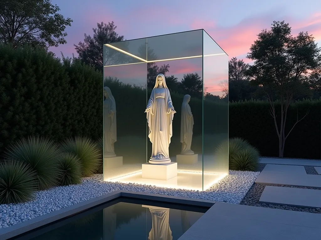 Modern Glass-Enclosed Virgin Mary Sanctuary - A stunning twilight photograph of a modern glass cube structure in a serene garden setting, housing an elegant white Virgin Mary statue. The 8-foot tall minimalist glass enclosure features seamless edges and subtle LED ground lighting that creates a ethereal glow around the statue. The surrounding landscape includes carefully placed mondo grass and white pebbles in a Zen-like pattern. Strategic uplighting casts dramatic shadows through the glass walls, while the statue appears to float within the illuminated space. Shot with a wide-angle lens capturing both the structure and its reflection in a small adjacent meditation pool, with soft purple and orange sunset hues in the background. Architectural grade glass with subtle frosting at the base creates a floating effect. DSLR photography, f/8, ISO 100, 1/125 sec.