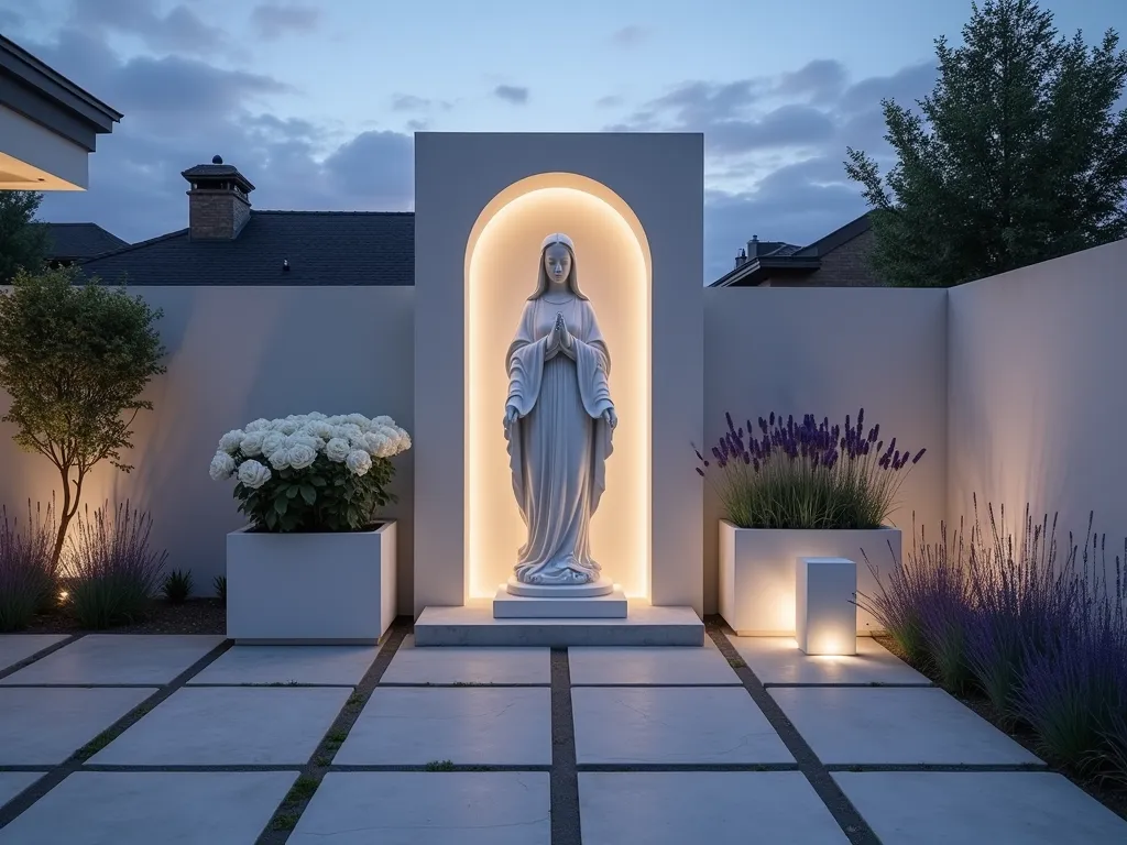 Modern Minimalist Mary Garden at Dusk - A serene garden scene at dusk featuring a tall, pristine white marble Virgin Mary statue against a smooth concrete wall backdrop, photographed with a wide-angle lens at f/2.8. The statue is illuminated by soft, hidden ground lighting, creating gentle shadows. Surrounding the statue are three large geometric concrete planters in varying heights, filled with blooming white roses and swaying purple lavender. The clean lines and minimalist design create a contemporary meditation space, with a floating concrete bench to one side. The garden floor features large-format light grey porcelain pavers arranged in a precise grid pattern. Subtle architectural lighting casts a warm glow across the space, while the evening sky transitions from deep blue to purple, creating a magnificent contrast with the white elements. Shot at 16mm to capture the entire contemplative space while emphasizing the striking architectural elements.