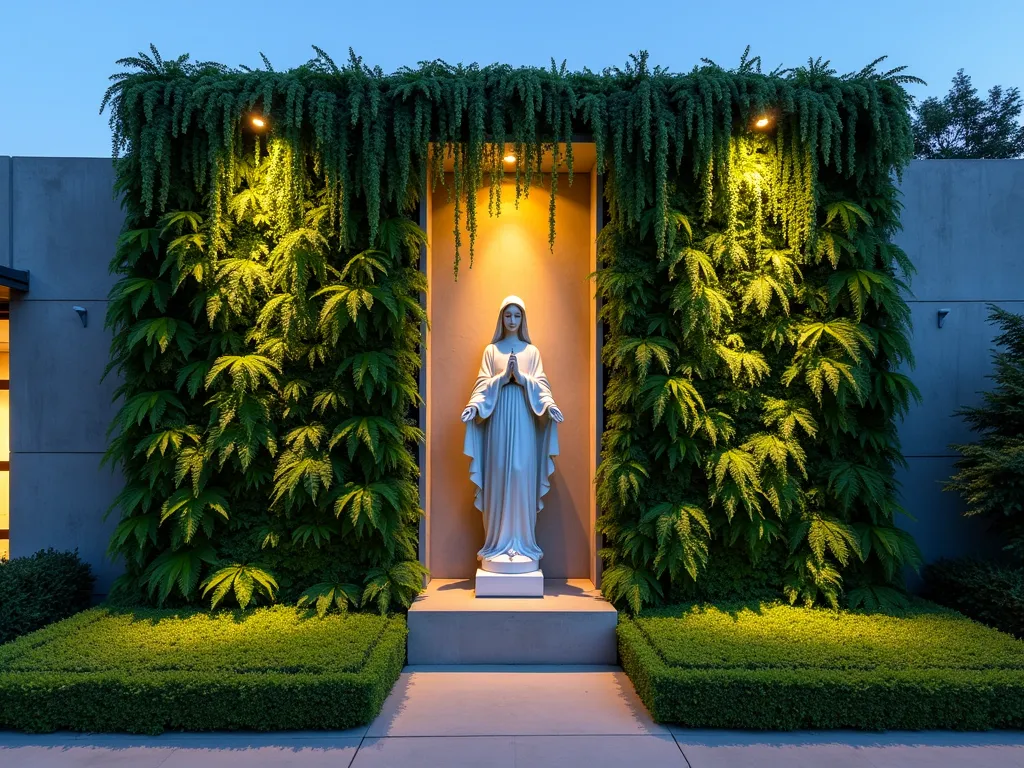 Modern Vertical Garden Mary Shrine at Dusk - A stunning contemporary vertical garden wall photographed at dusk, featuring a serene white marble Virgin Mary statue nestled in an illuminated central niche. The 10-foot-tall living wall is adorned with cascading plants including Japanese Forest Grass, Silver Falls Dichondra, and Boston Ferns creating a lush green waterfall effect. Warm LED uplighting casts a gentle glow on the statue while subtle spotlights highlight the trailing foliage. The shrine is set against a minimalist concrete backdrop with geometric patterns, creating a perfect blend of modern design and sacred space. Shot with a wide-angle lens to capture the full height and dramatic lighting, with the statue perfectly centered in the composition. The peaceful scene is captured during the blue hour, with soft ambient lighting creating a ethereal atmosphere.