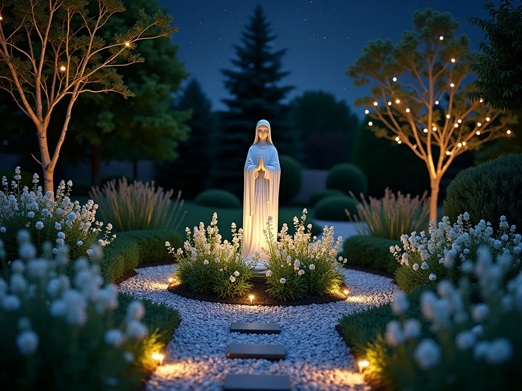 Moonlit Mary Statue Garden with White Flowers - A serene nighttime garden photographed with a 16-35mm lens at f/2.8, ISO 400, featuring a beautifully illuminated white Virgin Mary statue as the centerpiece. The statue glows softly from concealed ground lights, surrounded by a circular garden bed filled with luminous white moonflowers, silver artemisia, and white roses. The garden path is lined with crushed mother-of-pearl shells that shimmer in the moonlight. Strategic motion-sensor lights cast gentle beams through wispy ornamental grasses, while mirrored gazing balls reflect the peaceful scene. Delicate string lights draped in nearby trees create a ethereal canopy effect. Shot from a low angle to emphasize the statue's presence against the star-filled night sky.