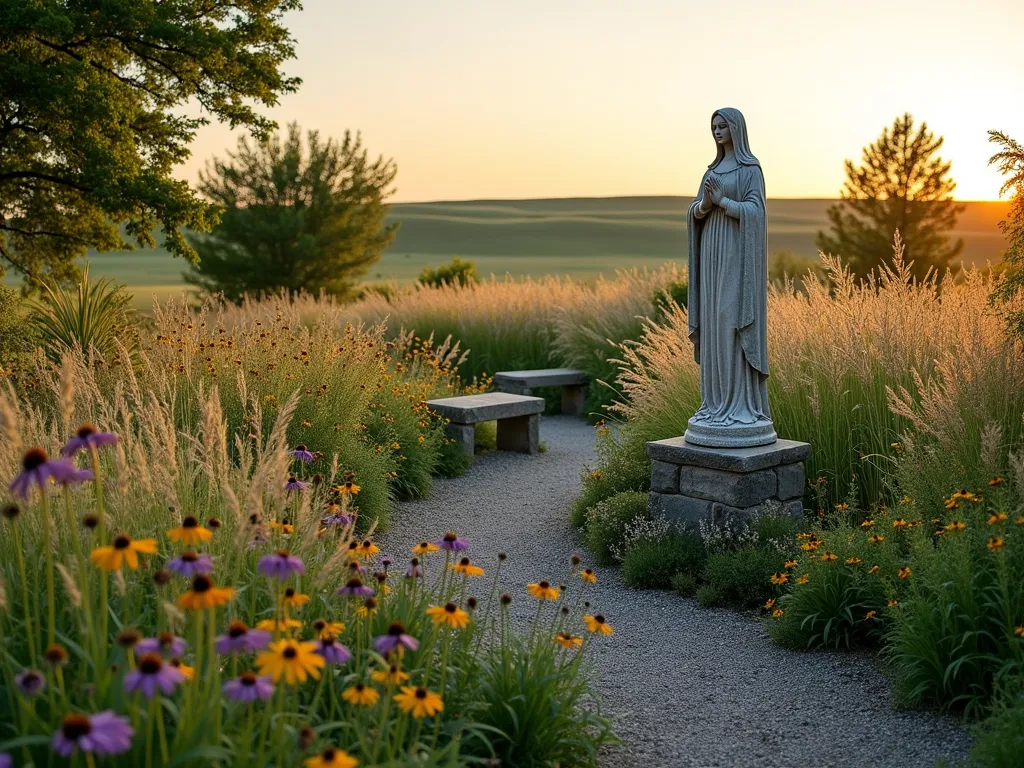 Prairie Style Mary Garden at Golden Hour - A serene garden scene at golden hour featuring a weathered limestone Virgin Mary statue as the focal point, surrounded by flowing waves of native prairie grasses like little bluestem and switchgrass. The statue stands on a natural stone pedestal amidst a sea of purple coneflowers, black-eyed susans, and butterfly milkweed. A winding gravel path meanders through the garden, leading to rustic limestone benches nestled among the wildflowers. Soft evening light filters through the tall grasses, creating a warm, ethereal glow around the statue. Wide-angle perspective capturing the natural, informal layout with rolling waves of vegetation stretching into the background. The garden seamlessly integrates with the surrounding landscape, embodying the prairie style with its untamed beauty and spiritual presence.