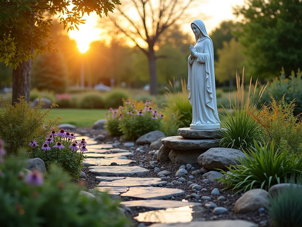 Sacred Rain Garden with Virgin Mary Statue - Professional DSLR photo of a tranquil rain garden at golden hour, featuring a white Virgin Mary statue elevated on a natural stone platform. The statue is surrounded by clusters of native water-loving plants like purple coneflowers, black-eyed susans, and ornamental grasses. A meandering stone pathway winds through the garden, bordered by river rocks and small boulders. Gentle slopes direct rainwater into beautiful bio-retention areas filled with moisture-loving ferns and rushes. Soft evening light casts long shadows across the scene, while dewdrops glisten on the foliage. Shot with a wide-angle lens at f/8, capturing the entire sacred space with the statue as the focal point against a warm, glowing sky.