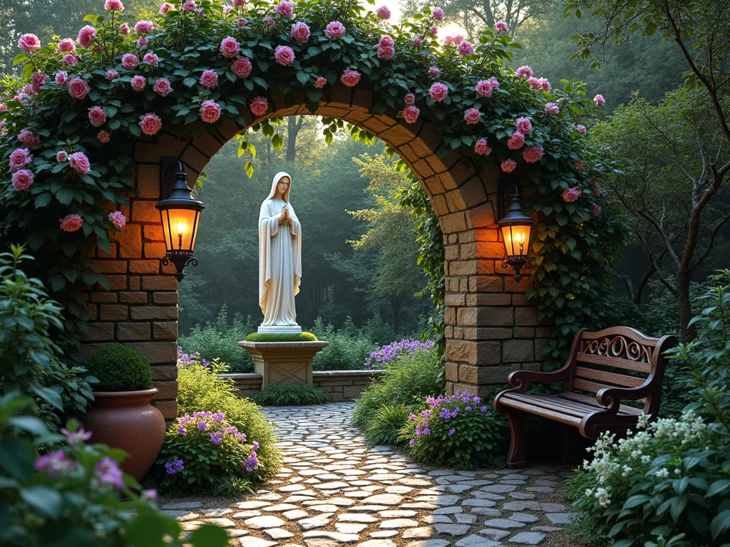 Enchanted Mary Garden Sanctuary - A serene twilight garden scene featuring a hidden garden sanctuary accessed through an elegant stone archway draped with blooming pink climbing roses. A weathered cobblestone path leads through the arch to a peaceful clearing where a classic white Virgin Mary statue stands on a moss-covered pedestal. The statue is surrounded by a thoughtful arrangement of shade-loving plants including purple hostas, white bleeding hearts, and delicate ferns. Vintage copper lanterns cast a warm glow, while antique garden elements like a weathered iron bench and aged terracotta pots add character. Dappled evening light filters through overhanging trees, creating a mystical atmosphere in this secluded garden room. Photorealistic, wide angle view with atmospheric lighting.