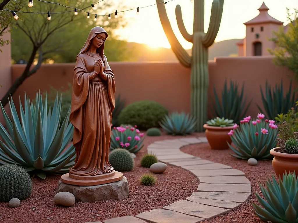 Serene Southwest Mary Garden at Sunset - A serene desert garden at golden hour featuring a weathered terra cotta Virgin Mary statue as the centerpiece, photographed with a wide-angle 16-35mm lens at f/2.8. The statue stands gracefully on a raised adobe platform surrounded by a thoughtfully arranged collection of blue agave, barrel cacti with vibrant pink blooms, and diverse succulents in copper-toned pottery. Decorative reddish-brown gravel creates winding paths, while string lights draped overhead cast a warm glow. The background shows adobe walls with subtle mission-style architectural elements, while desert sage and flowering yucca plants frame the scene. The low-angle sunset light casts long shadows and illuminates the statue with a mystical golden glow, creating a deeply spiritual atmosphere in this drought-resistant garden sanctuary.