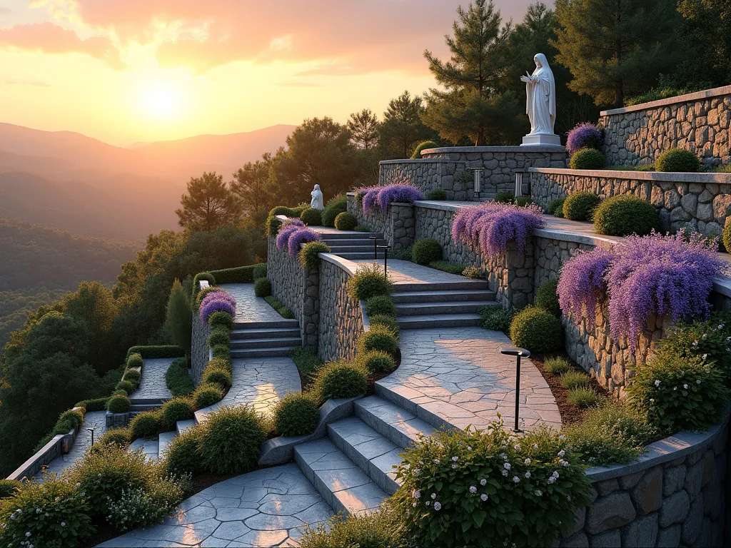 Sunset Terraced Mary Statue Garden - Wide-angle, photorealistic capture of a beautifully terraced hillside garden at golden hour sunset. Stone retaining walls in natural grey create five ascending levels, connected by curved stone steps. Each terrace features Mediterranean-style plantings with cascading purple wisteria, white climbing roses, and lavender borders. A white marble Virgin Mary statue stands serenely at the hilltop apex, backlit by warm sunset rays. Small meditation benches are placed at different levels, offering peaceful viewing spots. Soft landscape lighting begins to glow among the terraces. The garden includes flowing water features with small fountains between levels. Climbing hydrangeas and trailing rosemary spill over the stone walls, creating a lush, romantic atmosphere. The composition shows depth and elevation, with the lowest terrace starting in the foreground and the statue creating a focal point against the sunset sky.