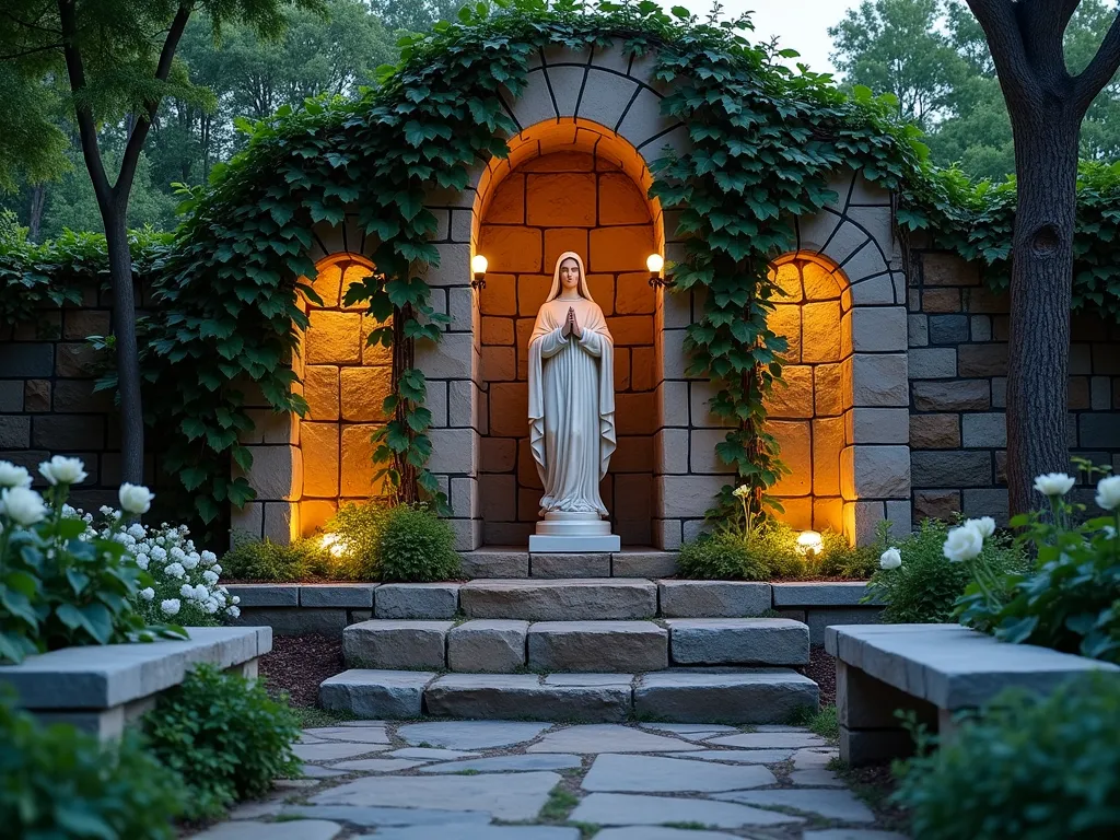 Sacred Limestone Grotto with Virgin Mary - A stunning twilight photograph of a traditional limestone grotto in a serene garden setting. A beautifully carved Virgin Mary statue stands as the centerpiece within a natural arch formation, illuminated by warm LED spotlights that cast a gentle glow. The grotto features weathered limestone walls with cascading English ivy and Boston ivy creating organic curtains around the sacred space. Small water features trickle down the rock faces, catching the evening light. Natural stone steps lead to the devotional area, while carefully placed prayer benches offer spaces for reflection. The surrounding garden includes white roses and lilies, with soft landscape lighting creating a peaceful ambiance. Shot from a medium-wide angle to capture both the architectural details and the spiritual atmosphere, photorealistic style.