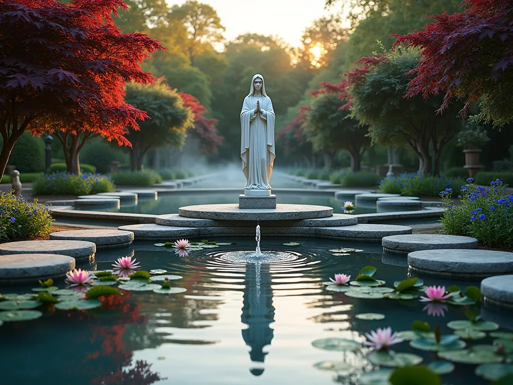 Tranquil Mary Water Garden at Dusk - A serene garden scene at dusk captured with a wide-angle DSLR lens, featuring a pristine white Virgin Mary statue as the central focal point, standing gracefully on a raised natural stone platform. The statue is surrounded by concentric circles of shallow reflecting pools with stone stepping paths crossing them like a spiritual labyrinth. Crystal-clear water cascades gently from tiered fountains, creating peaceful ripples. Pink and white water lilies float elegantly on the water's surface, while blue forget-me-nots and white lotus flowers bloom along the pools' edges. Soft landscape lighting illuminates the statue from below, creating a gentle glow that reflects in the water. Japanese maples with deep burgundy leaves frame the scene, while climbing jasmine on copper trellises adds vertical interest. The composition shows mist rising from the water, creating an ethereal atmosphere as the last rays of sunset cast a golden glow across the sacred space, f/8, ISO 100, 1/125 sec.