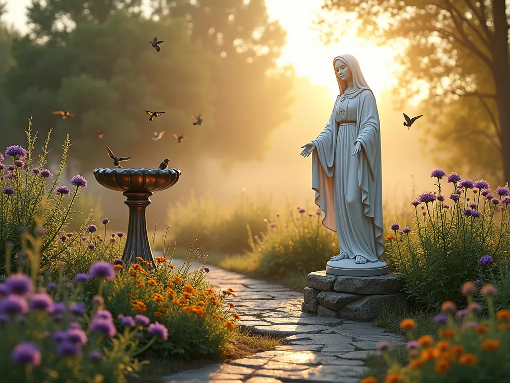 Tranquil Wildlife Mary Garden at Dawn - A serene dawn garden scene featuring a classic white Virgin Mary statue as the centerpiece, surrounded by native wildflowers and flowering shrubs in soft morning light. The statue stands on a natural stone pedestal, with a copper bird bath nearby where birds gather for morning drinks. Purple coneflowers, black-eyed susans, and butterfly bushes create a colorful foreground, while hummingbirds hover nearby. Natural stone pathways wind through the garden, lined with native grasses. A gentle morning mist adds atmosphere, while butterflies rest on the flowers. The scene is captured in a wide-angle perspective showing the harmonious integration of sacred and natural elements, with golden sunrise light filtering through trees in the background. Photorealistic, high detail, magical atmosphere.