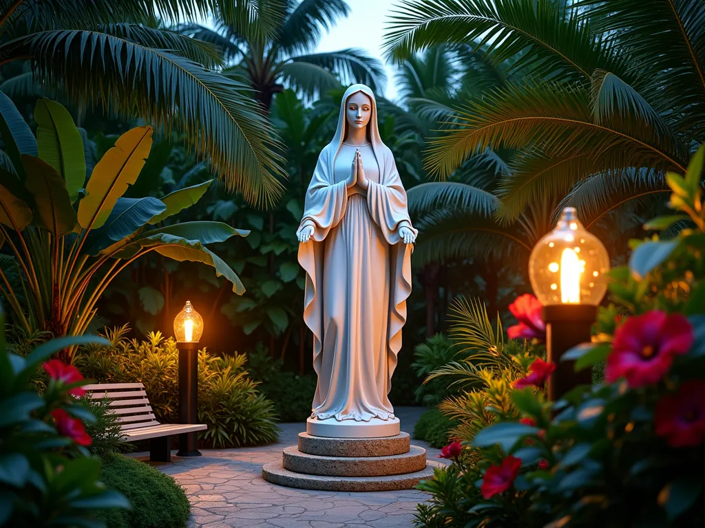 Tropical Mary Garden Paradise at Dusk - A serene garden scene at dusk, captured with a wide-angle lens showing a white marble Virgin Mary statue as the centerpiece, standing 5 feet tall on a natural stone pedestal. The statue is surrounded by lush tropical vegetation, with towering royal palm trees creating a natural canopy. Vibrant orange and blue bird of paradise flowers frame the scene, while dense monstera and banana leaves create depth in the background. A winding natural stone pathway leads to the statue, lined with glowing tiki torches casting warm, flickering light. The dramatic lighting creates gentle shadows and highlights on the statue's peaceful face, while the golden hour sky peeks through the palm fronds. Shot with soft depth of field at f/2.8, creating a dreamy, sacred atmosphere. The composition includes a small meditation bench to the side and tropical hibiscus flowers in deep reds and pinks adding pops of color.