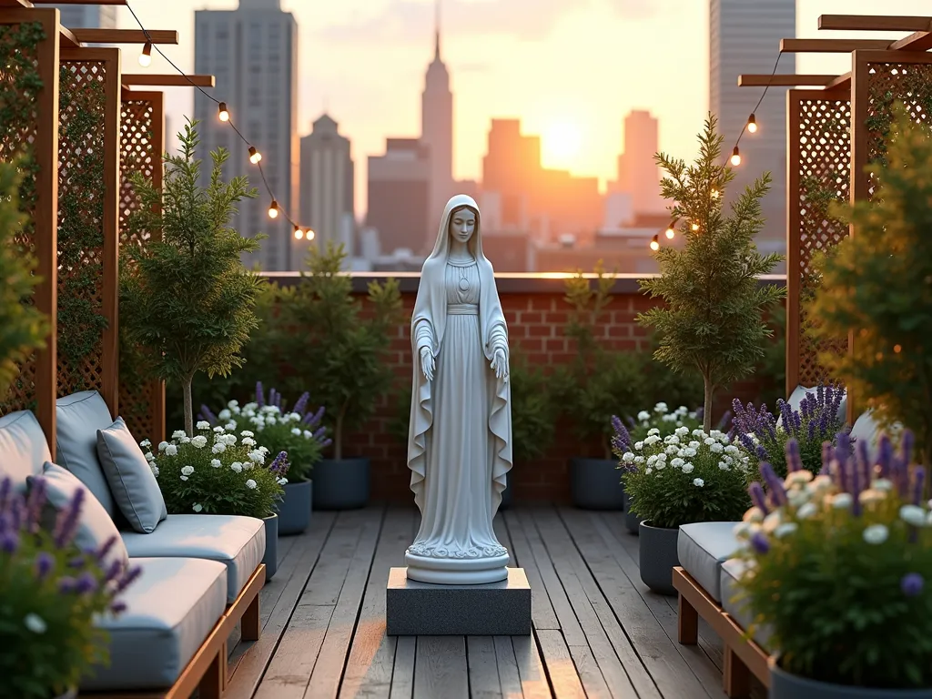 Urban Rooftop Mary Garden Sanctuary - A serene rooftop garden at golden hour, photographed with a wide-angle lens capturing a peaceful urban sanctuary. A elegant white Virgin Mary statue stands 4 feet tall as the centerpiece, surrounded by lush container gardens filled with white roses and lavender. Modern grey cushioned seating arranged around the statue, with bamboo privacy screens creating intimate space. Soft evening light casts gentle shadows across weathered wooden deck flooring. String lights draped overhead between potted olive trees. Manhattan skyline visible in the background through geometric wooden trellises covered in climbing jasmine. Shot at f/2.8 with atmospheric depth of field, capturing the warm glow of sunset reflecting off glass skyscrapers.