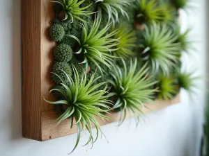 Air Plant Living Wall - A minimalist living wall composed entirely of tillandsia air plants mounted on natural wood, creating an ethereal floating effect, close-up detail