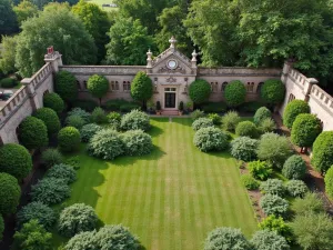 Ancient Stone Wall Garden - Aerial view of an old stone wall with espaliered fruit trees and traditional kitchen garden plants