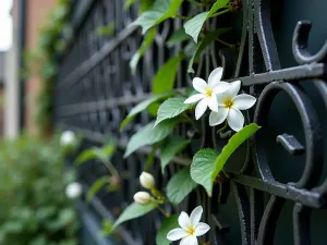 Art Deco Inspired Trellis - Close-up of black metal trellis with art deco pattern design, star jasmine climbing, mounted on dark painted wall