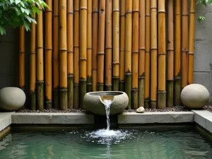 Asian Inspired Bamboo Water Wall - Natural bamboo poles arranged vertically with water trickling down, creating a peaceful sound against stone basin below