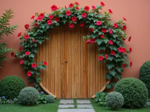 Fan-Shaped Bamboo Trellis - Natural bamboo fan-shaped trellis against terracotta wall, with morning glory vines, Japanese garden style, early evening lighting