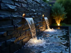 Black Slate Water Wall - A dramatic close-up of water flowing down a textured black slate garden wall, illuminated by concealed lighting, creating a mesmerizing waterfall effect