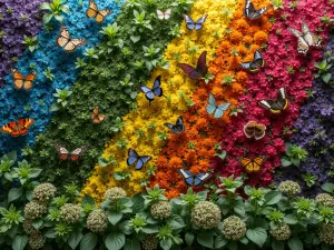 Butterfly-Friendly Living Wall - A vibrant living wall designed to attract butterflies, featuring native flowering plants in a rainbow gradient, with visible butterflies, aerial view