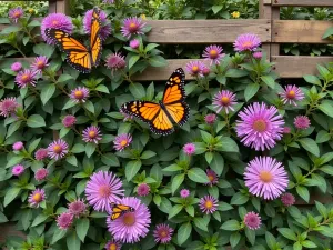 Butterfly Pallet Garden - Aerial view of a butterfly-friendly pallet wall featuring butterfly bush, lantana, and purple coneflower, with visible butterfly activity