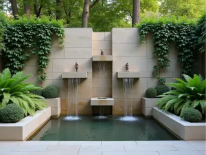 Cascading Wall Fountain - A modern stone garden wall with multiple levels of cascading water features, creating a gentle waterfall effect against a textured limestone surface, surrounded by climbing jasmine and ferns