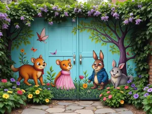 Children's Garden Story Wall - Wide shot of a colorful garden wall painted with storybook characters, woodland creatures, and enchanted forest scenes, with climbing clematis