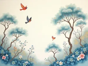 Chinoiserie Garden Wall - Normal view of an elegant garden wall painted with chinoiserie-style birds, flowers, and trees in soft blues and whites