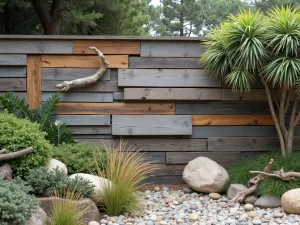 Coastal Garden Terraces - Weathered timber staggered wall with coastal plants and grasses, capturing the essence of seaside gardens with driftwood accents