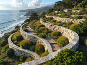 Coastal Stone Terraces - Aerial view of multiple stone retaining walls creating terraces near a coastal garden, planted with hardy coastal plants and grasses that can withstand salt spray.