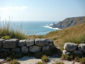 Coastal Stone Wall Garden - Weather-worn stone wall with maritime plants and grasses, captured with ocean view in background