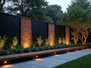 Contemporary Brick and Steel Wall - Modern garden wall combining dark brick with steel panels, featuring integrated LED lighting and floating wooden benches, twilight atmosphere